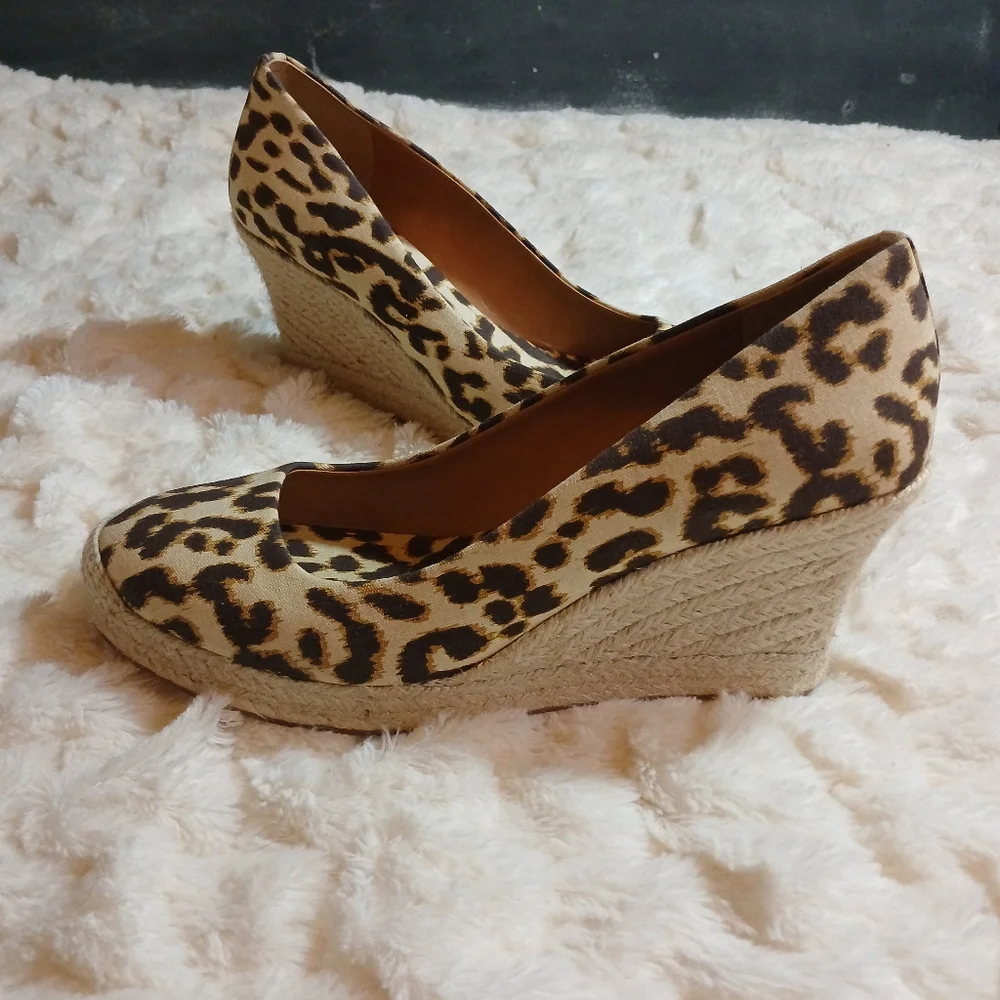 J. Crew Shoes Womens 7.5 Brown Seville Espadrille Wedge Leopard Canvas